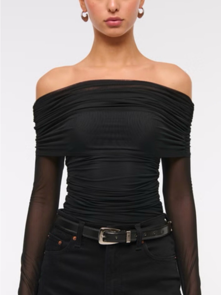 Abercrombie & Fitch Black Mesh Foldover Bodysuit Xs Off Shoulder Ruched